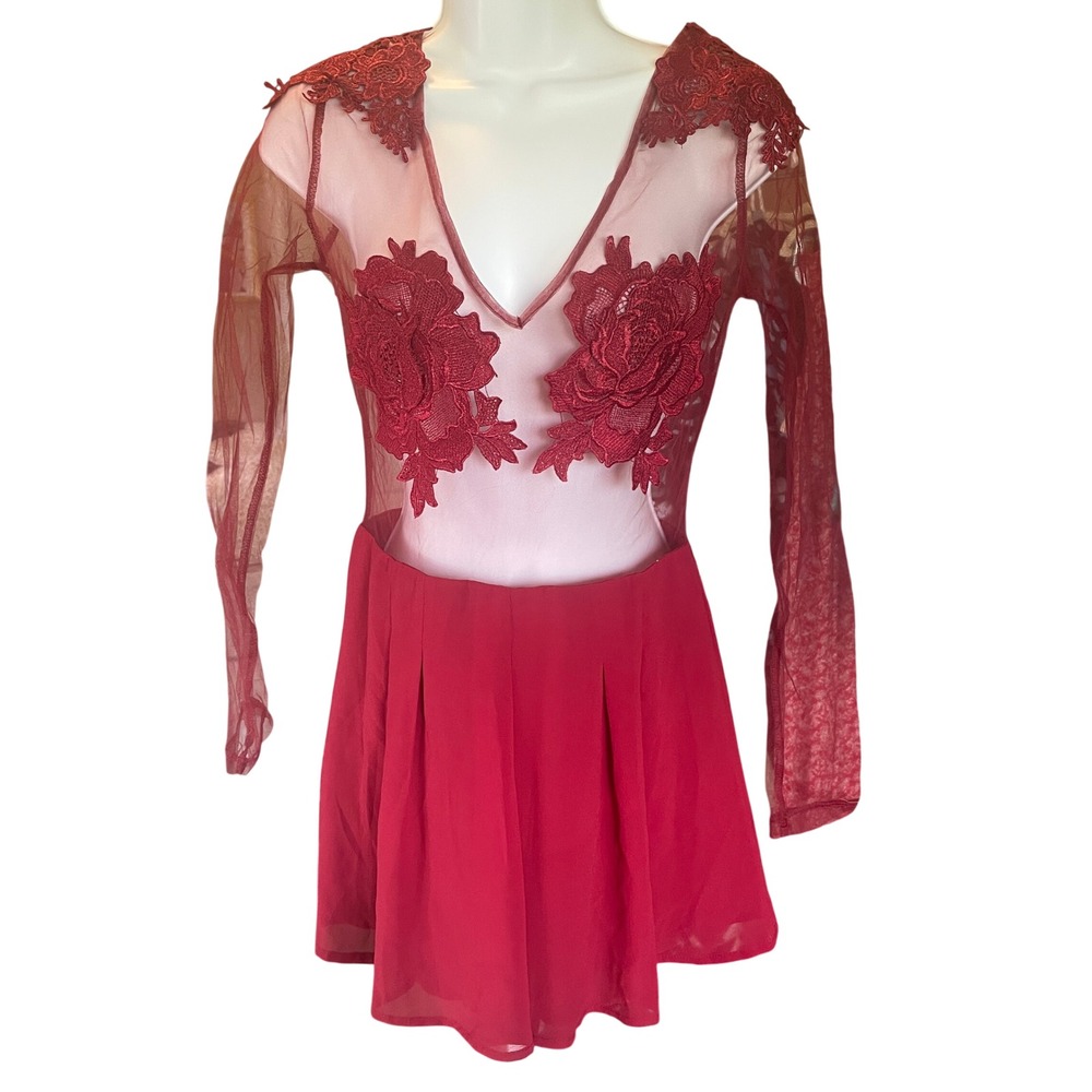 A'Gaci Womens Y2K Fairy Floral Lace Mesh Sheer Romper Size M Red Whimsigoth Edgy